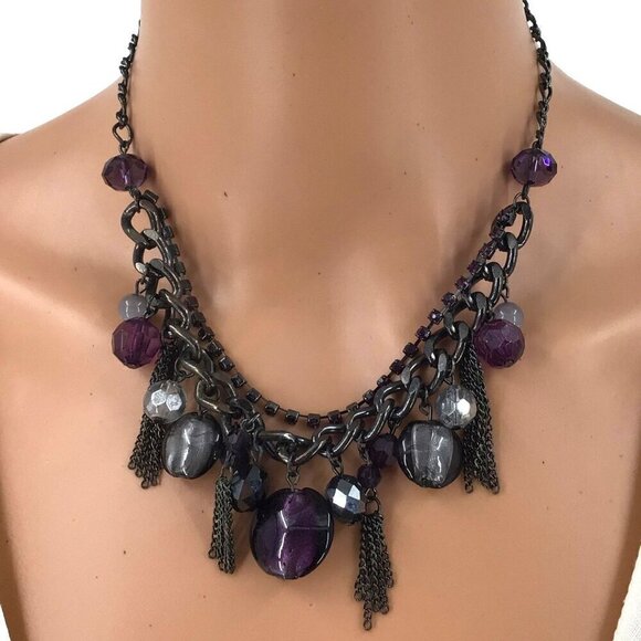 Beaded Fringe Necklace Dark Gray Black Purple Rhinestone Glass Beads Tassels - Picture 1 of 2